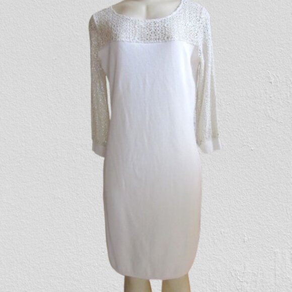 Kathleen Madden Off White Knit Knee Length Dress w Embrodery Sz L, Made in Italy - Picture 1 of 7